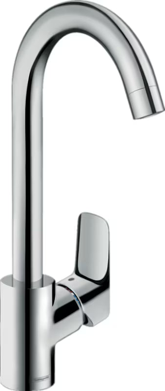 Kromirana enoročna armatura za pomivalno korito Hansgrohe Logis M31 z vrtljivim izlivom in ComfortZone 260.