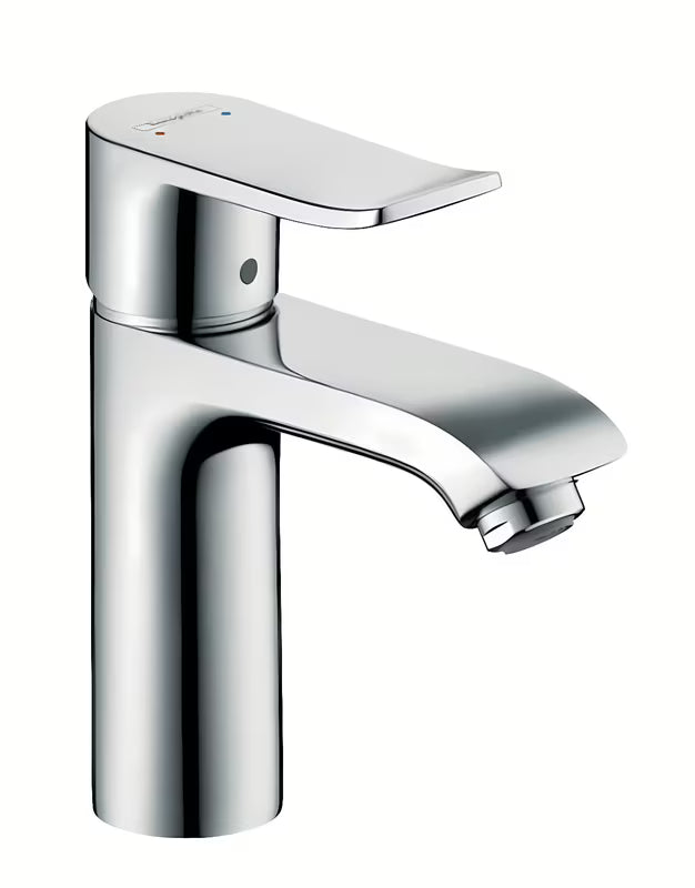 Kromirana enoročna armatura za umivalnik hansgrohe Metris 110 z odtokom in tehnologijo EcoSmart
