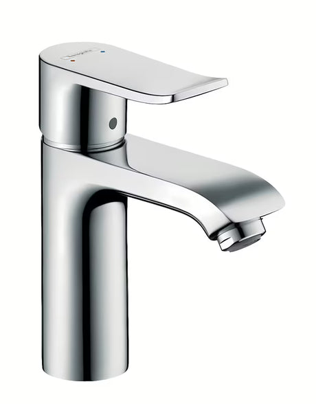 Kromirana enoročna armatura za umivalnik hansgrohe Metris 110 z odtokom in tehnologijo EcoSmart