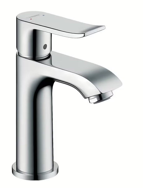 Kromirana enoročna armatura za umivalnik Hansgrohe Metris brez odtoka s tehnologijama EcoSmart in QuickClean.