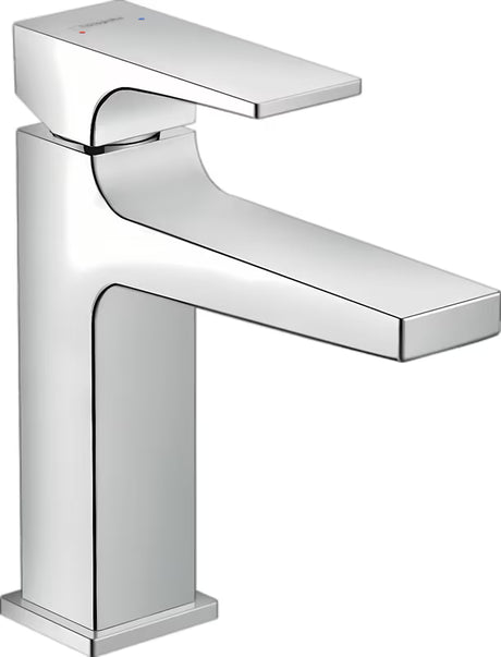 Kromirana enoročna armatura za umivalnik Hansgrohe Metropol z odtokom in oglato zasnovo