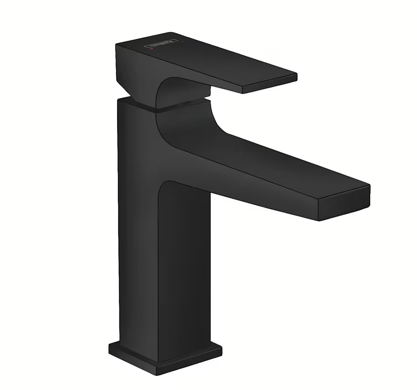Mat črna enoročna armatura za umivalnik Hansgrohe Metropol 110 z odtokom push-open
