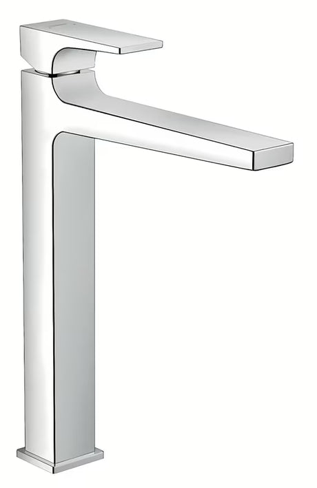 Visoka enoročna armatura za umivalnik Hansgrohe Metropol v krom izvedbi z vrtljivim izlivom in odtokom push-open.