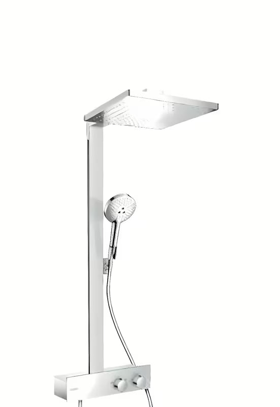 Hansgrohe Raindance E tušni sistem s termostatom v krom izvedbi z nadglavno prho 300 × 300 mm in ročno prho