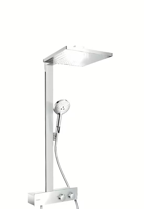 Hansgrohe Raindance E tušni sistem s termostatom v krom izvedbi z nadglavno prho 300 × 300 mm in ročno prho