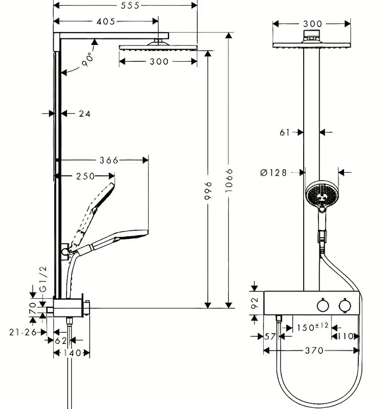 Hansgrohe Raindance E tušni sistem s termostatom v krom izvedbi z nadglavno prho 300 × 300 mm in ročno prho