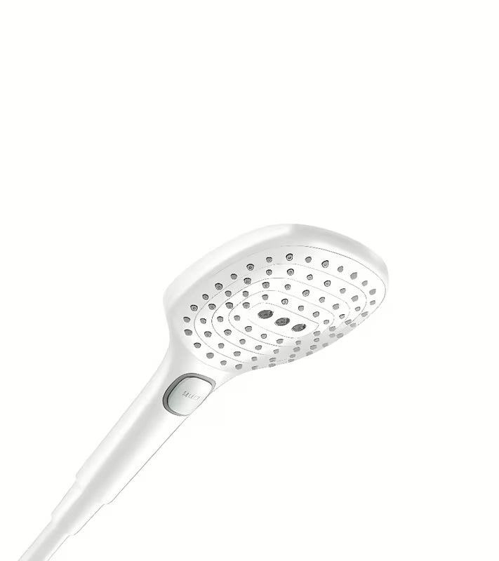 Ročna prha hansgrohe Raindance Select E 120 v mat beli barvi s 3 vrstami curka