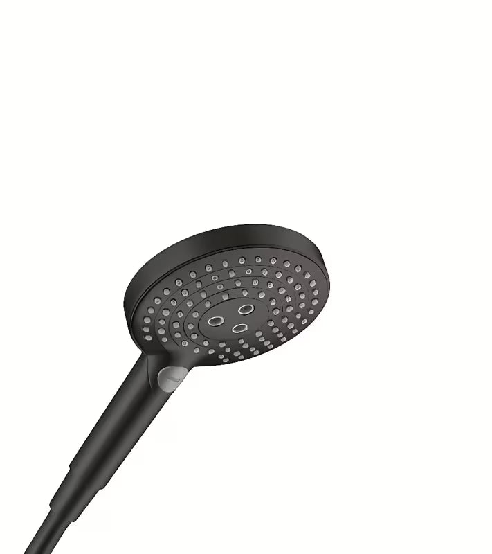 Ročna prha Hansgrohe Raindance Select s v mat črni barvi s premerom 125 mm in gumbom Select