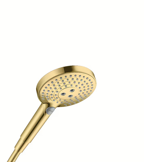 Ročna prha Hansgrohe Raindance Select v videzu poliranega zlata, premer 125 mm, 3 curki in tipka Select
