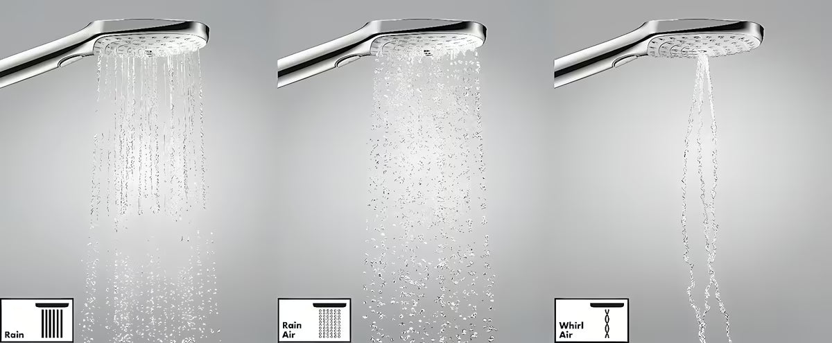 Kromirana ročna prha Hansgrohe Raindance Select E 120 s tremi curki in gumbom Select