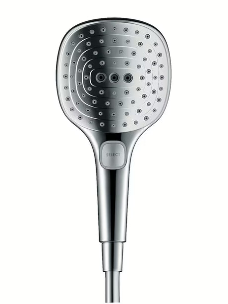 Ročna prha tuš ročka Hansgrohe Raindance Select E v izvedbi bela/krom z gumbom Select