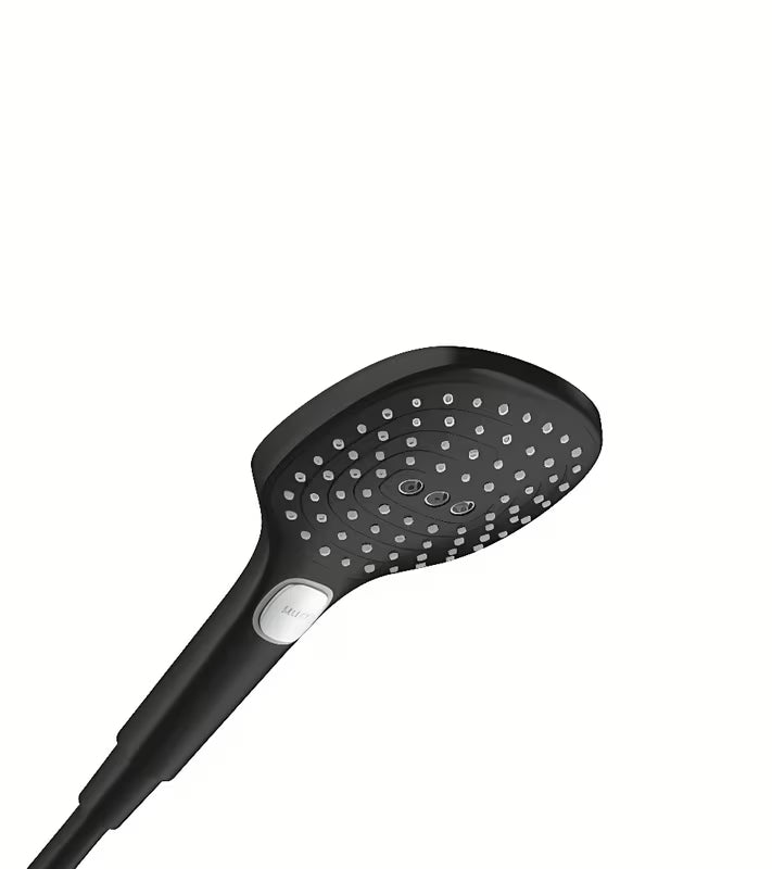 Ročna prha tuš ročka hansgrohe Raindance Select E 120 v mat črni izvedbi s tremi vrstami curka.