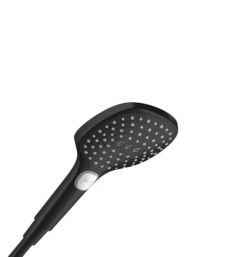 Ročna prha tuš ročka hansgrohe Raindance Select E 120 v mat črni izvedbi s tremi vrstami curka.