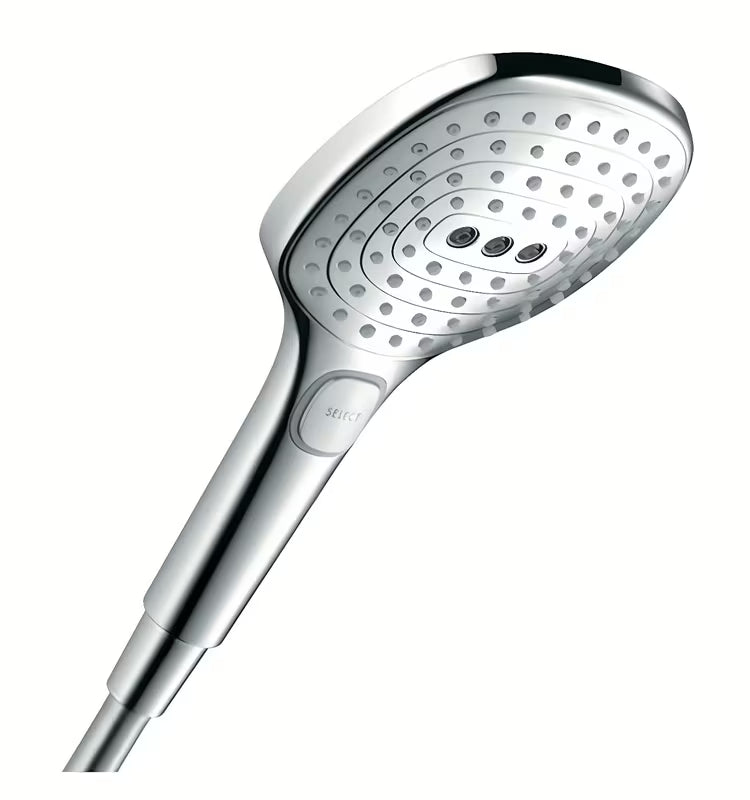 Kromirana ročna prha Hansgrohe Raindance Select E s premerom 120 mm in gumbom Select