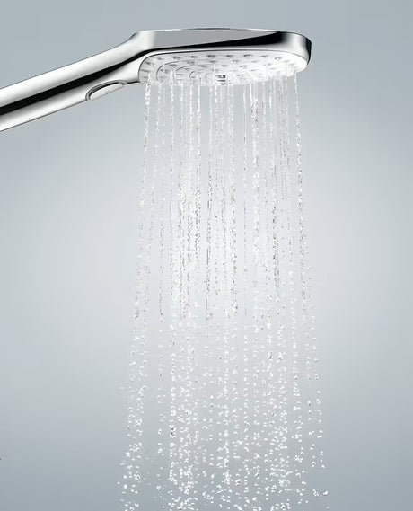 Ročna prha Hansgrohe Raindance Select E bela/krom z gumbom Select in tremi curki