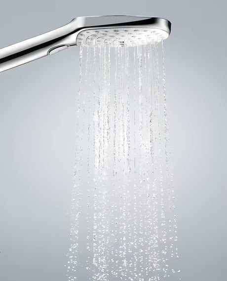 Ročna prha Hansgrohe Raindance Select E bela/krom z gumbom Select in tremi curki