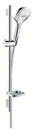 Hansgrohe Raindance Select E tuš set v krom izvedbi z ročno prho, drsno letvijo, cevjo in milnikom.