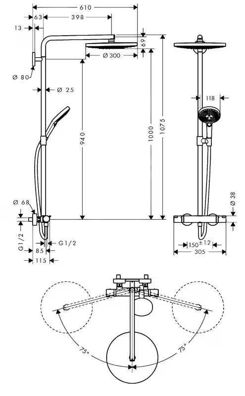 Hansgrohe Raindance Select S tušni sistem s termostatsko armaturo v krom izvedbi