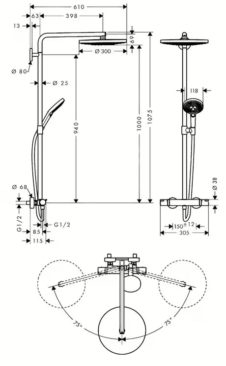 Hansgrohe Raindance Select S tušni sistem s termostatsko armaturo v krom izvedbi