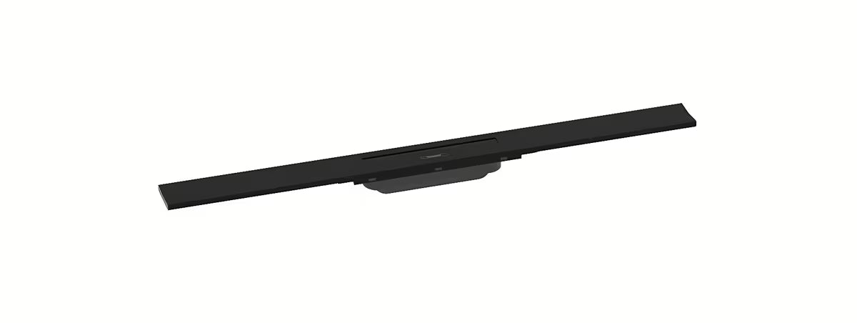 Kanaleta za Tuš hansgrohe raindrain Flex 80 cm v mat črni barvi z dizajnerskim pokrovom.
