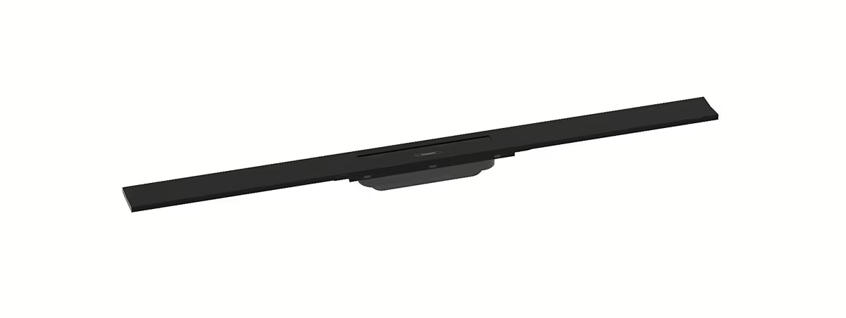 Kanaleta za Tuš hansgrohe raindrain Flex 90 cm v mat črni barvi z dizajnerskim pokrovom.