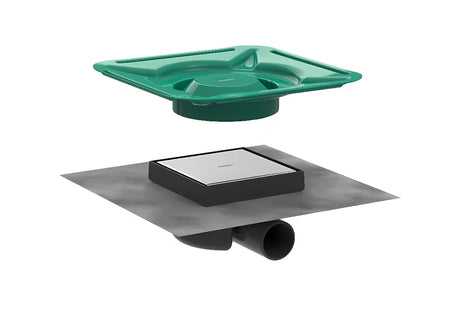 Talni sifon Hansgrohe raindrain Spot s kvadratno rešetko iz nerjavečega jekla 15 x 15 cm v brušeni izvedbi.