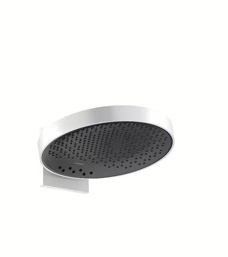 Bela nadglavna prha Hansgrohe Rainfinity 360 s stenskim priključkom in antracitno pršno ploščo