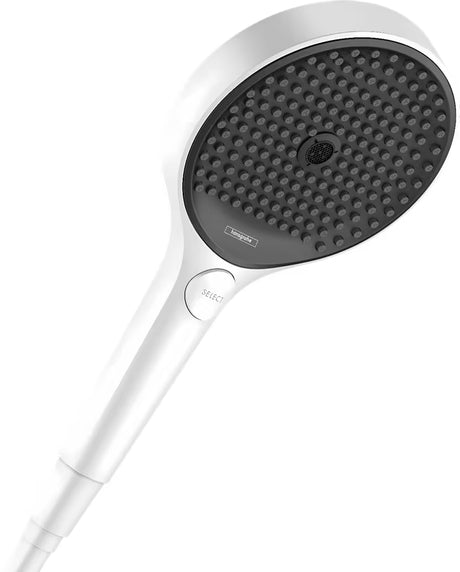 Ročna prha Hansgrohe Rainfinity 130 3jet v mat beli barvi z antracitno pršno ploščo