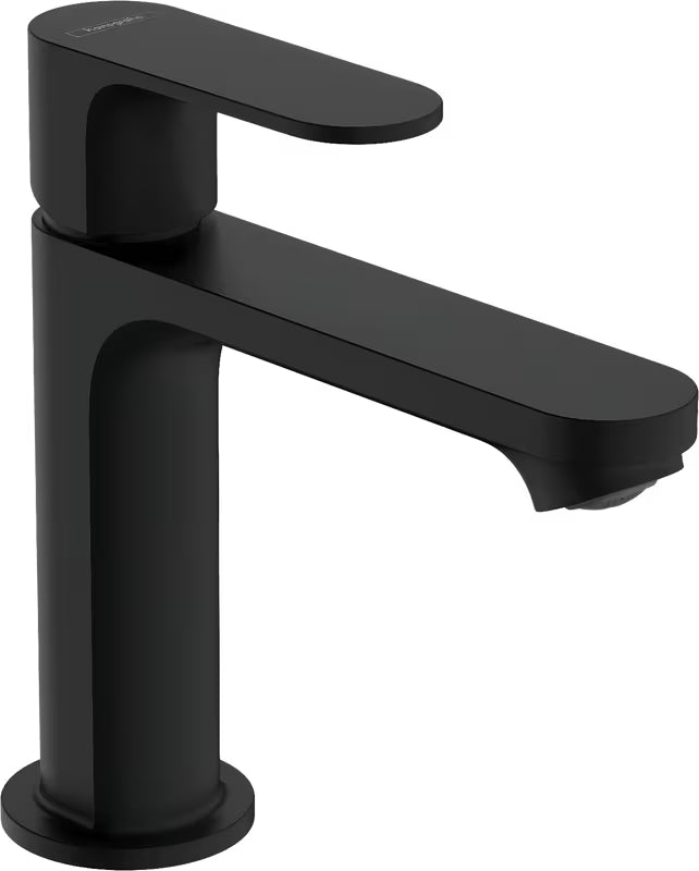 Hansgrohe Rebris S enoročna armatura za umivalnik z odtokom v mat črni barvi.