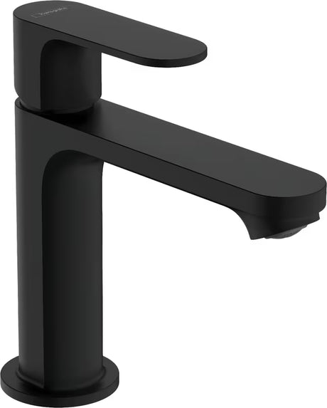 Hansgrohe Rebris S enoročna armatura za umivalnik z odtokom v mat črni barvi.