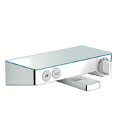 Hansgrohe showertablet Select 300 termostatska armatura za kad v beli in krom izvedbi s stekleno polico