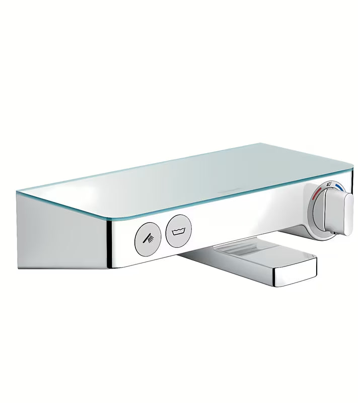 Hansgrohe showertablet Select 300 termostatska armatura za kad v beli in krom izvedbi s stekleno polico