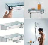 Hansgrohe showertablet Select 300 termostatska armatura za kad v beli in krom izvedbi s stekleno polico