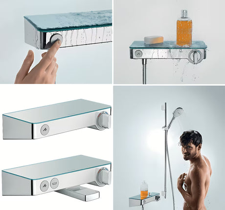 Hansgrohe showertablet Select 300 termostatska armatura za kad v beli in krom izvedbi s stekleno polico