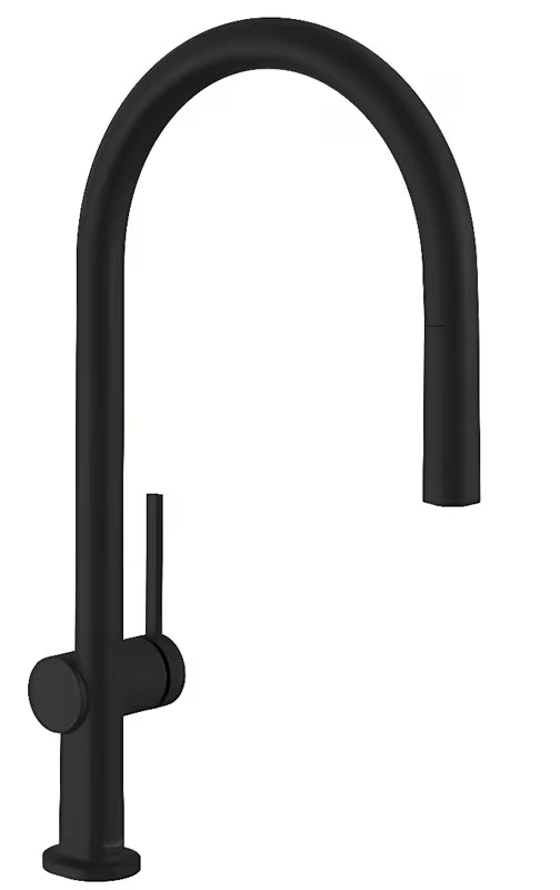Mat črna armatura za pomivalno korito hansgrohe Talis s z visokim obokanim izlivom in izvlečno prho.