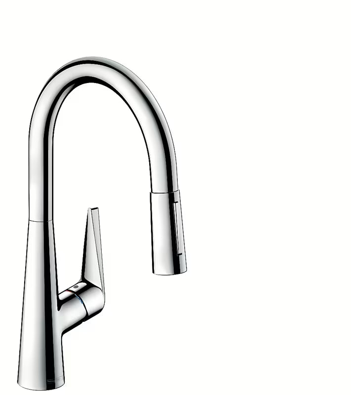 Kromirana armatura za pomivalno korito Hansgrohe Talis s z izvlečno prho in preklopom med laminarnim in pršnim curkom.