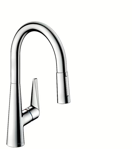 Kromirana armatura za pomivalno korito Hansgrohe Talis s z izvlečno prho in preklopom med laminarnim in pršnim curkom.