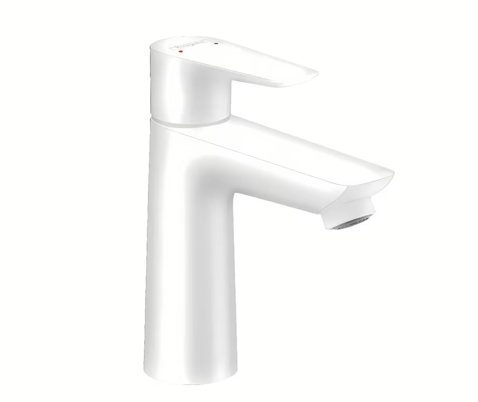 Umivalniška enoročna armatura Hansgrohe Talis E v mat beli z odtokom in s ploščatim ročajem