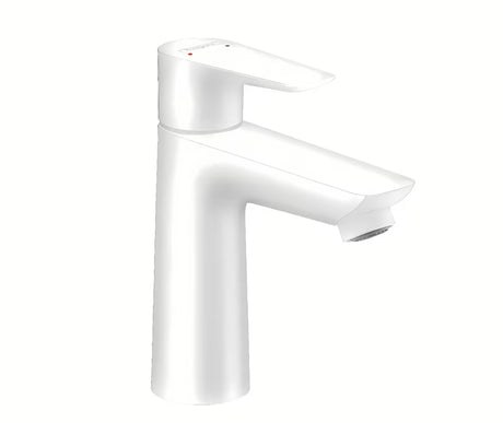 Umivalniška enoročna armatura Hansgrohe Talis E v mat beli z odtokom in s ploščatim ročajem