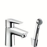 Kromirana enoročna armatura za umivalnik Hansgrohe Talis E z bide prho in odtokom Push-Open.