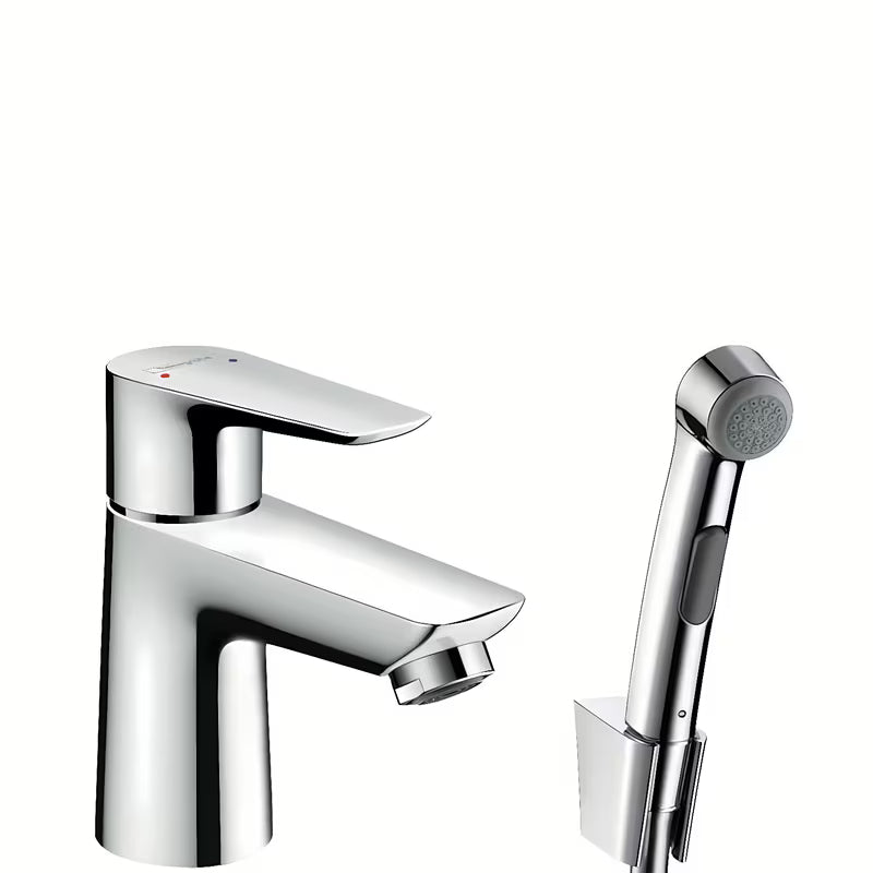 Kromirana enoročna armatura za umivalnik Hansgrohe Talis E z bide prho in odtokom Push-Open.