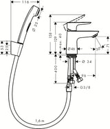 Kromirana enoročna armatura za umivalnik Hansgrohe Talis E z bide prho in odtokom Push-Open.