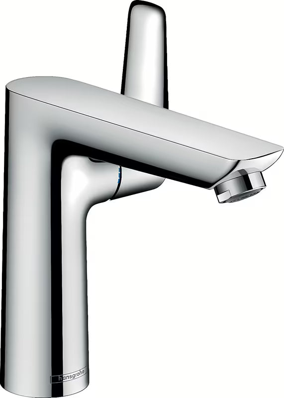 Kromirana enoročna armatura za umivalnik Hansgrohe Talis E 150 z odtokom in ročico.