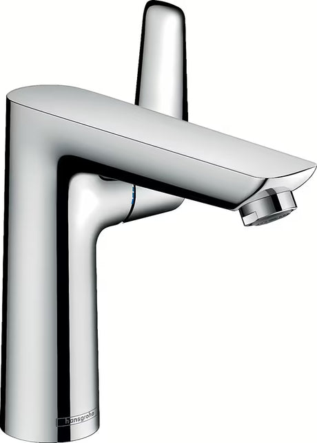 Kromirana enoročna armatura za umivalnik Hansgrohe Talis E 150 z odtokom in ročico.