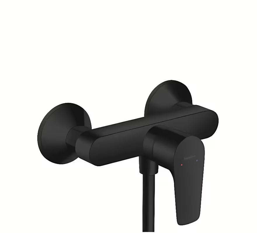 Stenska enoročna armatura za tuš hansgrohe Talis E u mat crnoj boji s modernim četvrtastim dizajnom