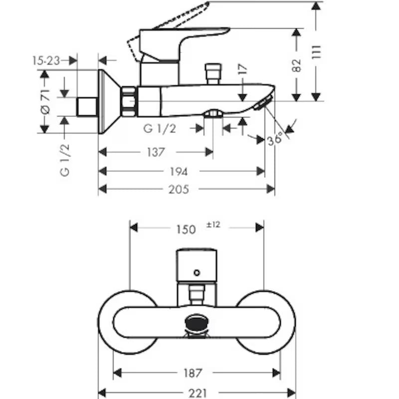 Hansgrohe Talis E stenska enoročna armatura za kad u krom izvedbi s izljevom u kadi i preusmjerivačem na tuš