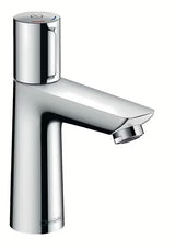 Kromirana armatura za umivalnik Hansgrohe Talis Select E z gumbom Select v sodobnem oglatem dizajnu.