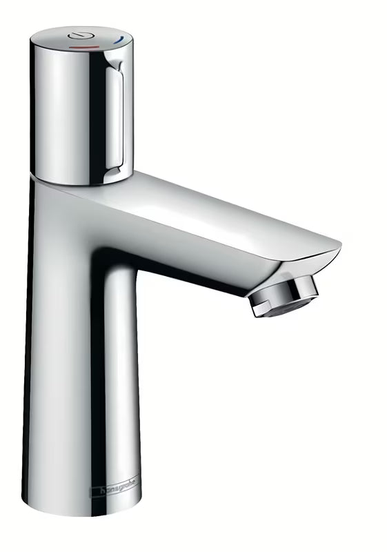 Kromirana armatura za umivalnik Hansgrohe Talis Select E z gumbom Select v sodobnem oglatem dizajnu.
