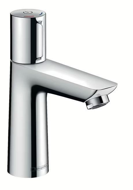 Kromirana armatura za umivalnik Hansgrohe Talis Select E z gumbom Select v sodobnem oglatem dizajnu.