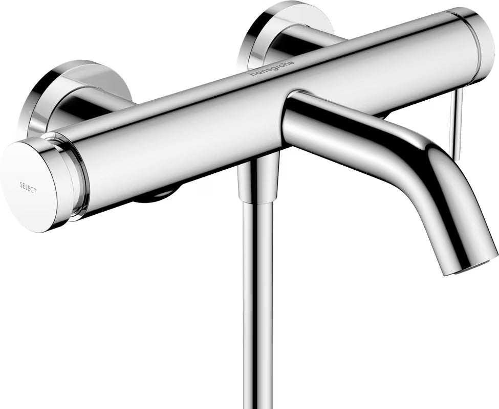 Kromirana enoročna stenska armatura za kad hansgrohe Tecturis S z gumbom Select.